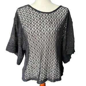 John Paul Richard Crochet Open Knit Black Top Short Sleeve Size M Boho Beach